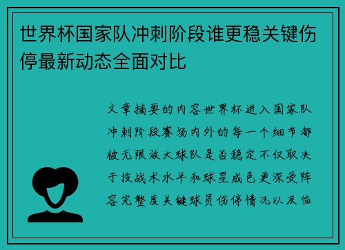 世界杯国家队冲刺阶段谁更稳关键伤停最新动态全面对比